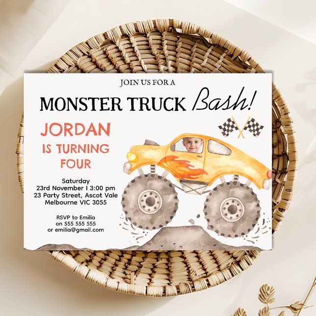 Convite Boys Yellow Monster Monster Basch Birthday (Monster Truck Birthday Invitation Template, Yellow Monster Truck Bash Birthday Invite Any Age)