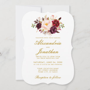 Convite BR Dourado floral do casamento de Borgonha da