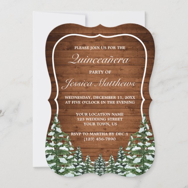 Convite Bracket Snowy Forest & Wood Rural Pine Quinceañera (Frente)