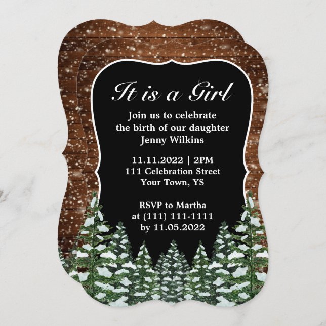 Convite Bracket Snowy Wood & Forest Baby Girl Birth (Frente/Verso)