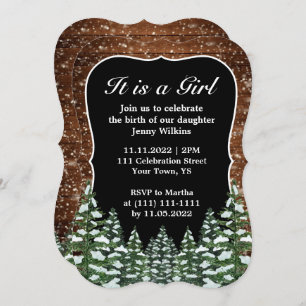 Convite Bracket Snowy Wood & Forest Baby Girl Birth