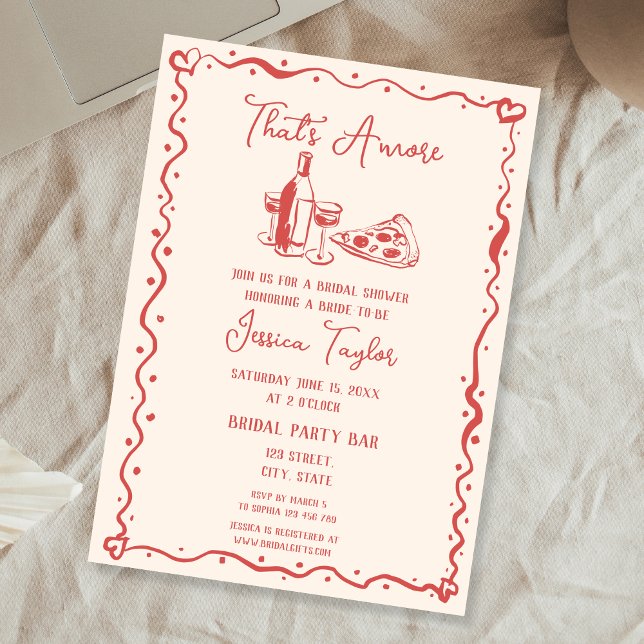 Convite Braço de Bridal Desenhado pela Mão Vermelha Quirky (red hand drawn wine bottle and pizza slice bridal shower invitation)