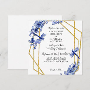 Convite Branca Azul Chinoiserie Dragonfly Floral