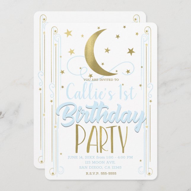 Convite Branca Azul Dourada Lua Azul Estrelas Aniversário (Frente/Verso)
