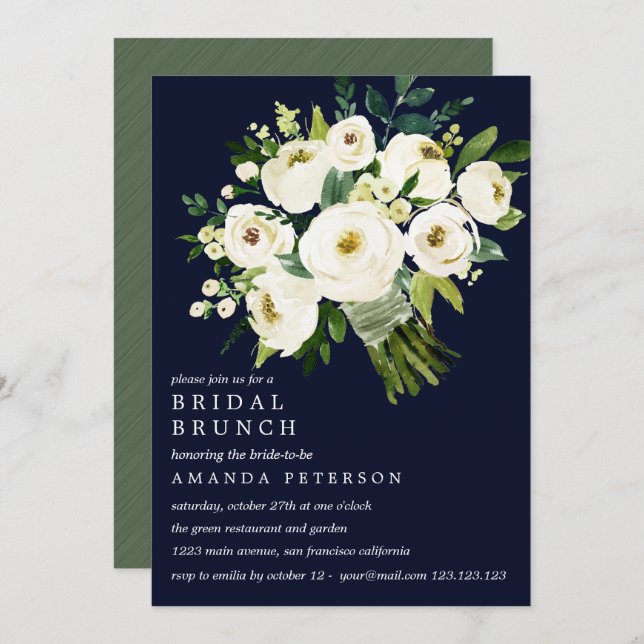 Convite Branca Buquê Azul Bridal Brunch (Frente/Verso)