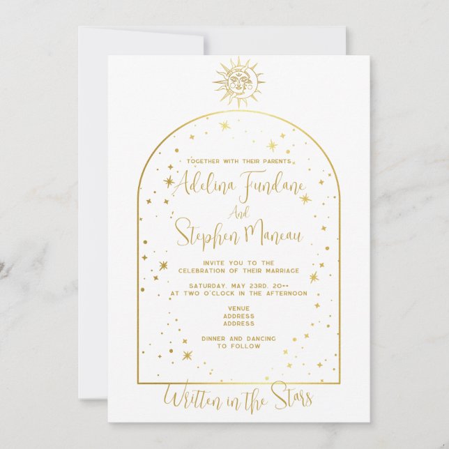 Convite Branca Celestial e Estrelas Douradas Casamento Lua (Frente)