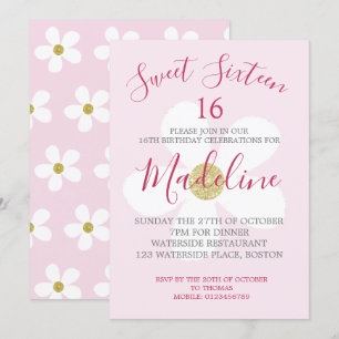 Convite Branca Cor-de-rosa Simples Daisy Doce Dezesseis Qu