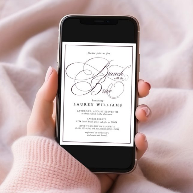 Convite Branca de Caligrafia Roxo Elegante com Noiva (Criador carregado)