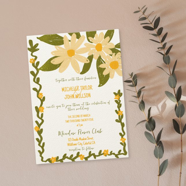 Convite Branca Desenhada Mão Selvagem Daisy (whimsical doodle hand drawn daisies wedding invitation)