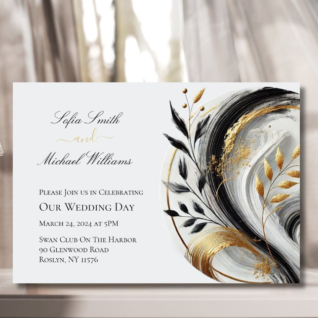 Convite Branca Dourada Botânica Moderna e Casamento  - Inv (Modern Botanical Black White and Gold Wedding Invitation)
