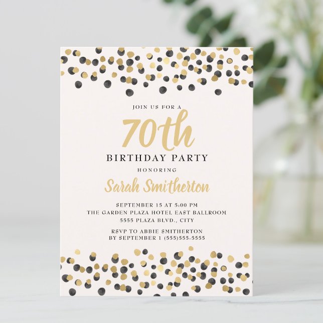 Convite Branca Dourada Confetti Glitter 70 de Aniversário (Black and gold confetti on white 70th birthday party invitation)
