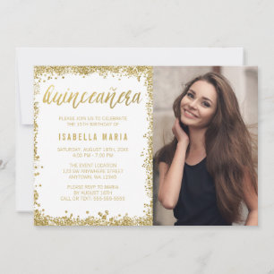 Convite Branca Dourada Faux Glitter Quinceanera 15 Anivers