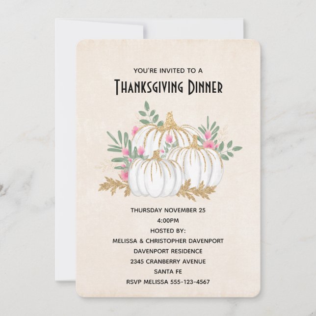 Convite Branca e Dourada Pumpkins Watercolor Ação de Graça (Frente)