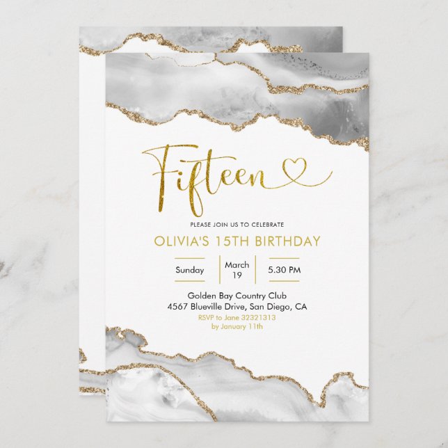 Convite Branca Elegante e Ágata Dourada Quinze Aniversário (Frente/Verso)
