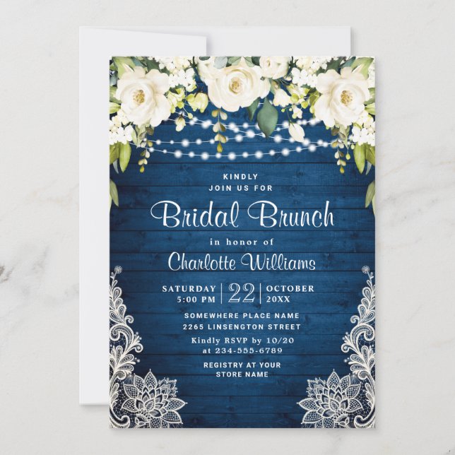 Convite Branca Elegante Rosas Lace Rustic Bridal Brunch (Frente)