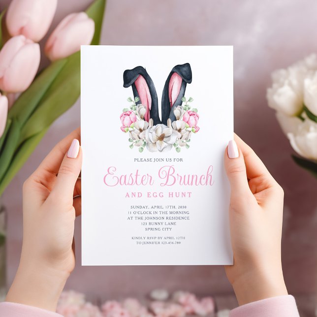 Convite Branca Floral Cor-de-rosa Páscoa (Pink Floral Bunny Ears Easter Brunch Invitation)