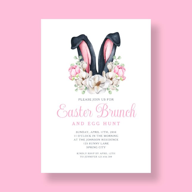 Convite Branca Floral Cor-de-rosa Páscoa (Pink Floral Bunny Ears Easter Brunch Invitation)