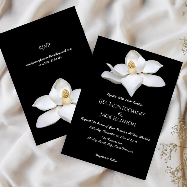 Convite Branca Magnólia Elegante Casamento Preto Branco Fl (White Magnolia Elegant Wedding Black White Floral Invitation)