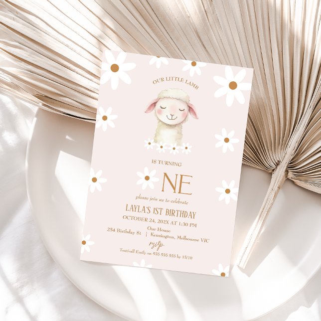 Convite Branca Moderna Daisy Nosso Pequeno primeiro aniver (Our Little Lamb 1st Birthday Invitation, Little Lamb Birthday Invitation Girl, Modern White Daisy)