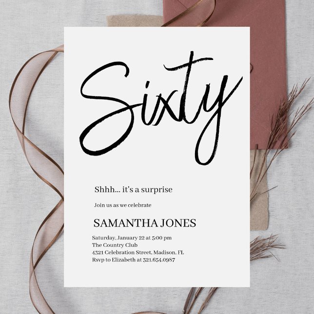 Convite Branca Moderna e Festa de aniversário Negra 60 (Criador carregado)