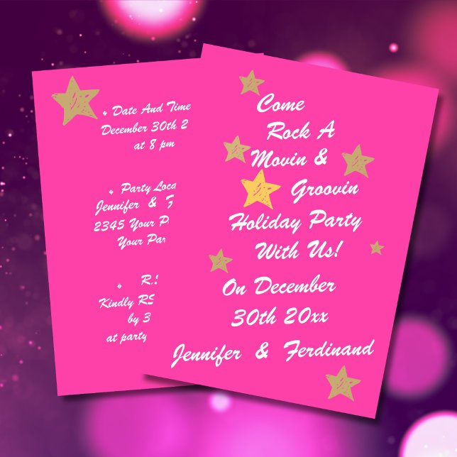Convite Branca Moderna Pinik Dourada Stars Groovy Holiday (Modern chic white script on hot pink background with gold stars groovy holiday party invitation.)