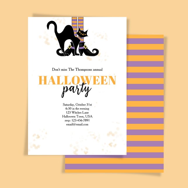 Convite Branca Negra de Bruxas Negra de Halloween (Whimsical Halloween party invitation with a witch and black cat.)