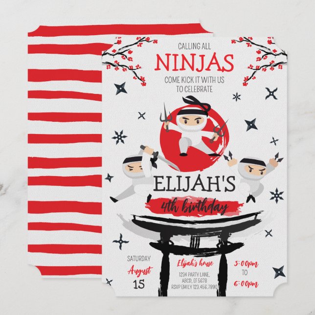Convite Branca Ninja Warrior Artes Marciais Aniversário (Frente/Verso)