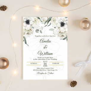 Convite Branca Preta Verde Anêmona Elegante Casamento