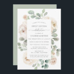 Convite Branca Rose Floral Botânica Doce Dezesseis Festa<br><div class="desc">O design botânico moderno apresenta rosas brancas de marfim anestesiadas em folhas verdes de eucalipto. Seus 16 detalhes de festas são colocados no centro em um retângulo branco. O texto da cinza da pomba complementa perfeitamente a folhagem botânica para criar uma sofisticada e chic color paleta. Este convite faz parte...</div>