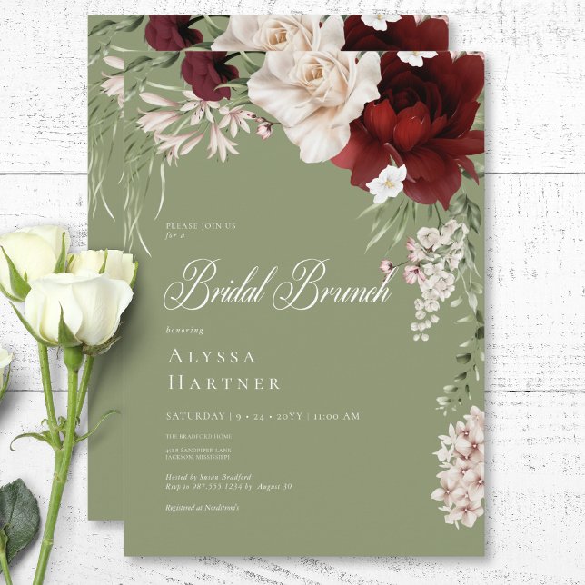 Convite Branca russa e Borgonha Floral Verde Bridal Brunch (Rustic White & Burgundy Floral Green Bridal Brunch Invitation)