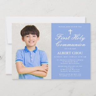 Convite Branco Azul-Foto da Primeira Comunhão
