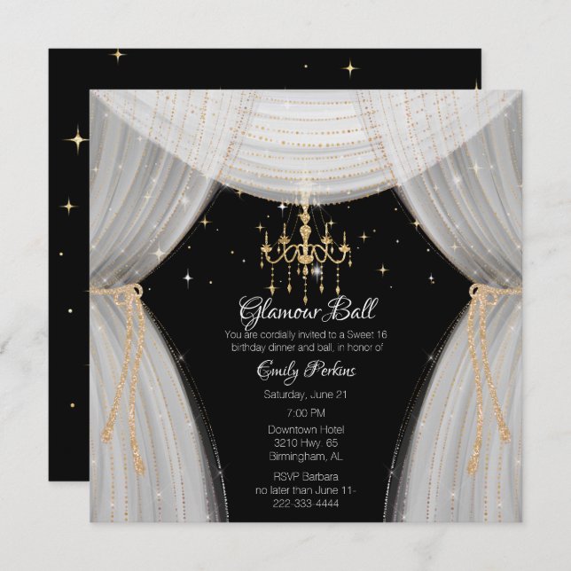 Convite Branco brilhante Preto e Dourado Doce Sessenta Inv (Frente/Verso)