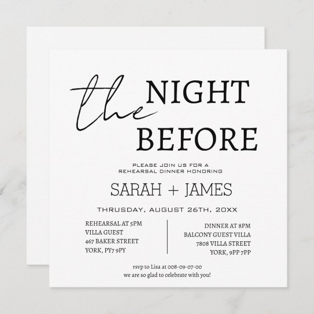 Convite Branco clássico na noite antes do Janto de ensaio (Frente/Verso)