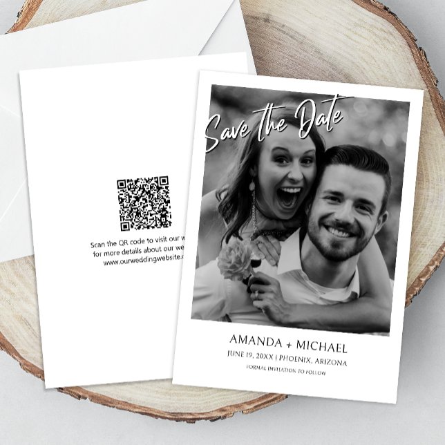 Convite Branco | Código QR de Foto Branca Casamento Salvar (Cherish the moment and announce your day with our captivating photo Save the Date invitation.)