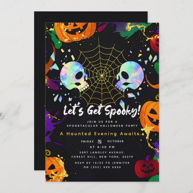 Convite Branco | Crânios do Dia das Bruxas Modernos de Pum (Frente/Verso)