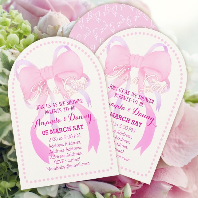 Convite Branco do Chá de fraldas da Fita Rosa (Lovely Pink Ribbon Baby Girl Shower White Arch Card Design.)