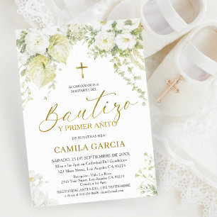 Convite Branco & Dourado Espanhol Bautizo y Primer Anito