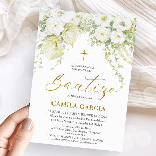 Convite Branco & Dourado Floral Espanhol Batismo Bautizo