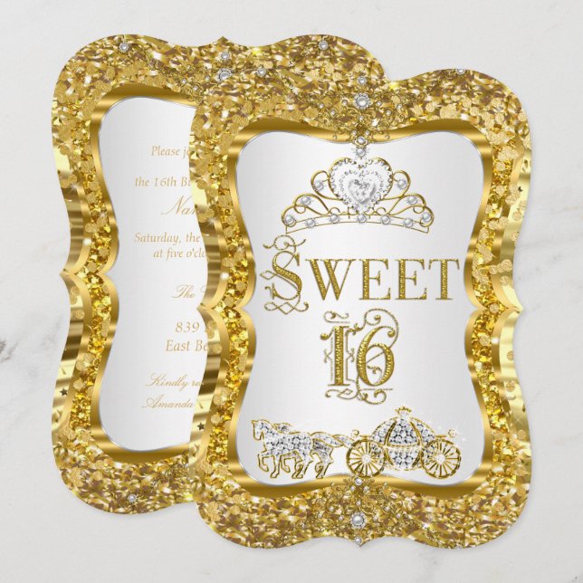 Convite Branco Dourado Magico Tiara Princesa Doce  (Frente/Verso)
