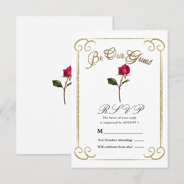 Convite Branco & Dourado Rosa Vermelha Beleza Casamento RS (Frente/Verso)