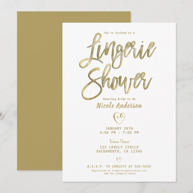 Convite Branco e Dourado Chuveiro de Lingerie Moderno Mini (Frente/Verso)