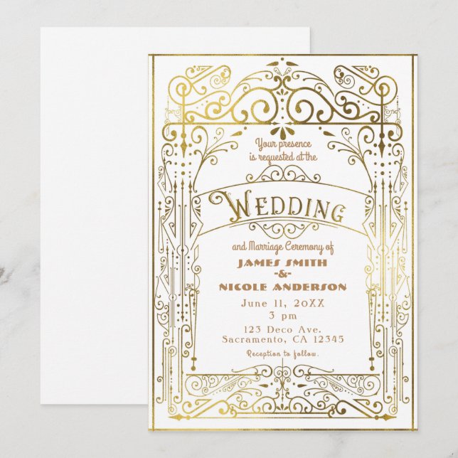 Convite Branco e Dourado Estilo Deco Casamento Vitoriano A (Frente/Verso)