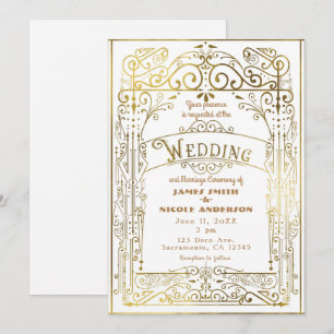 Convite Branco e Dourado Estilo Deco Casamento Vitoriano A