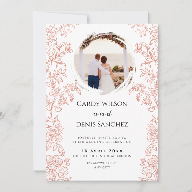 Convite Branco e Marrom Floral Moderno Foto Boho casamento (Frente)