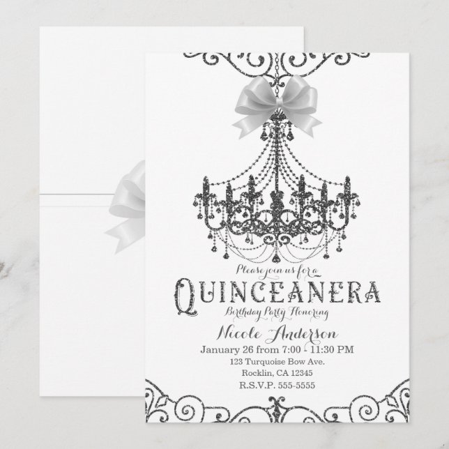 Convite Branco e Prata Laço Branco Chic Quinceañera 15 15  (Frente/Verso)