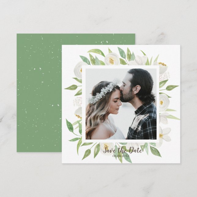 Convite Branco e Preto Verde da Aquarela Salvar a Data (Frente/Verso)
