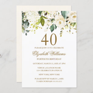 Convite Branco Floral Dourado Confetti aniversário de 40 a