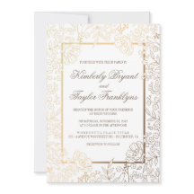 Convite branco floral Dourado do casamento vintage