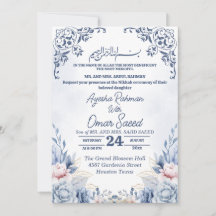 Convite Branco Floral Nikkah Azul Branco