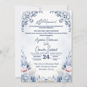 Convite Branco Floral Nikkah Azul Branco